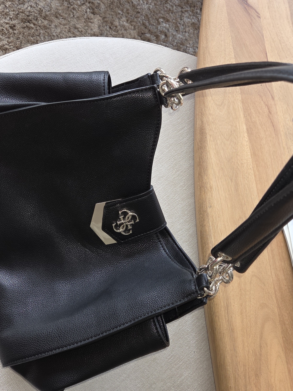 Guess Black Leather Satchel with Silver Accents
